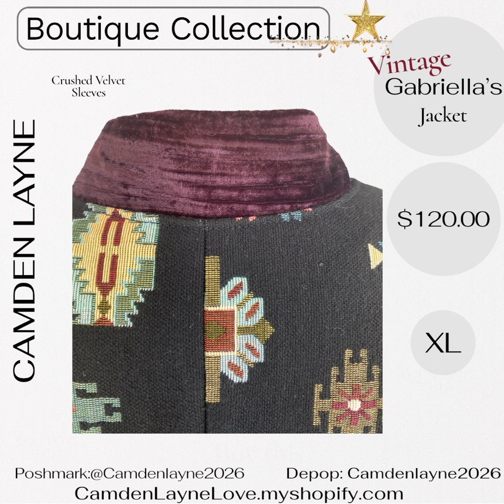 Vintage Gabriella’s Tapestry Art Needlepoint Jacket, Crushed Velvet Sleeves - Picture 9 of 13